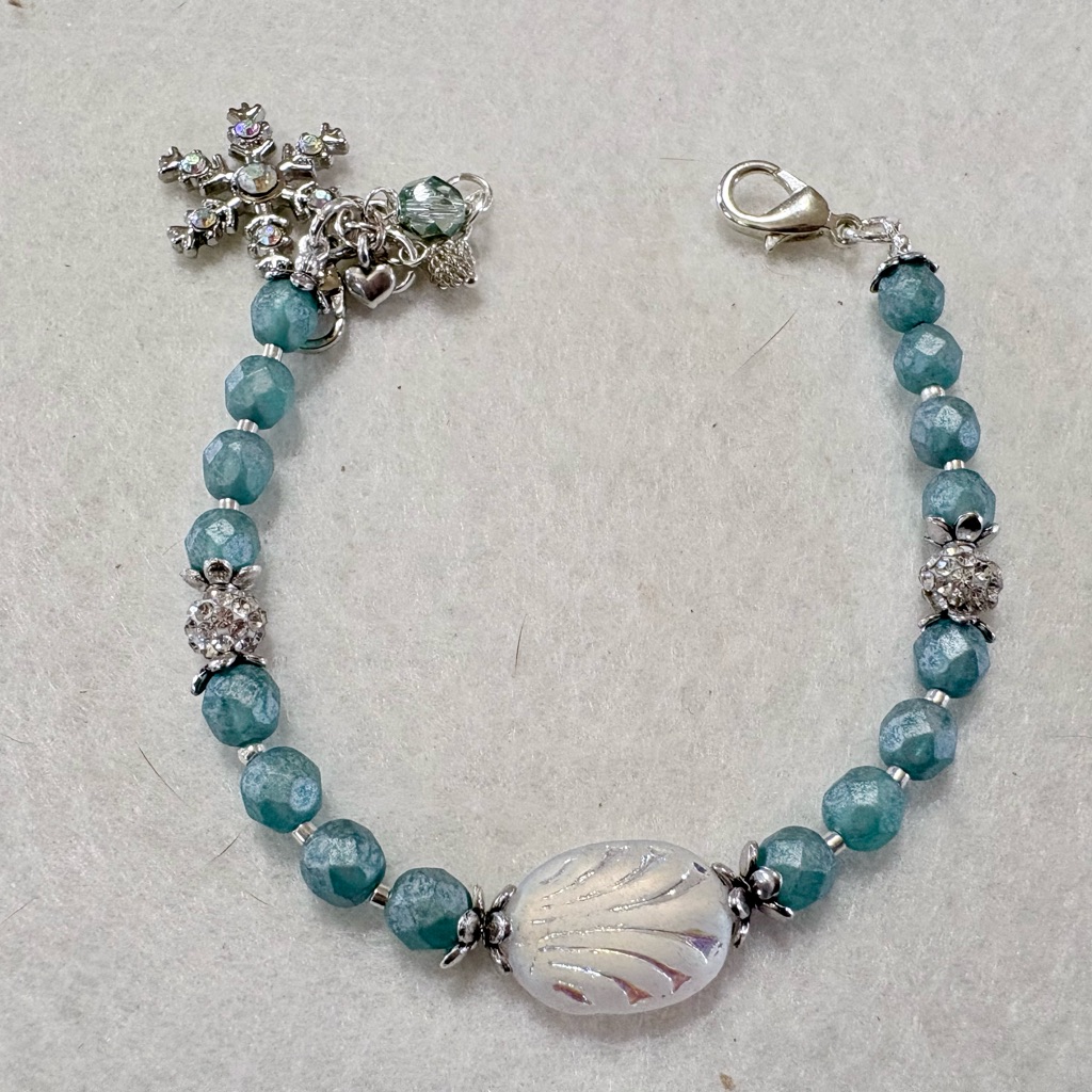Snow Flurry Bracelet. Blue Czech Glass Bracelet With Snowflake Charm